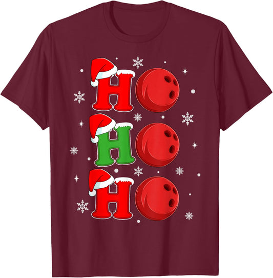 Ho Ho Ho Santa Bowling Ball Christmas Sports Player Xmas T-Shirt - T-Shirt | Maroon
