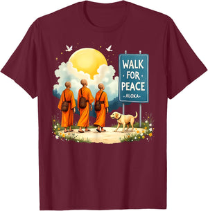 Retro Walk for Peace Monks with Aloka Dog Minimalist Zen Art T-Shirt - T-Shirt | Maroon