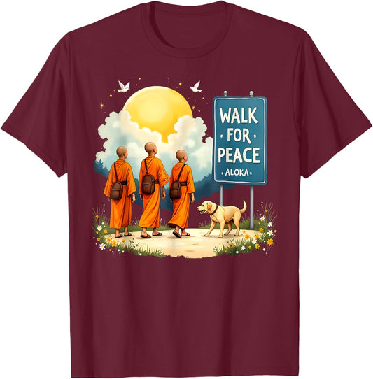 Retro Walk for Peace Monks with Aloka Dog Minimalist Zen Art T-Shirt - T-Shirt | Maroon