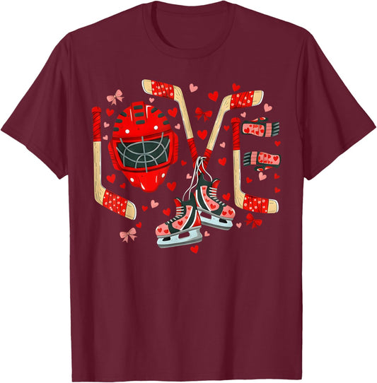 Valentines Day Love Ice Hockey Items Men Boys Kids Teens T-Shirt - T-Shirt | Maroon