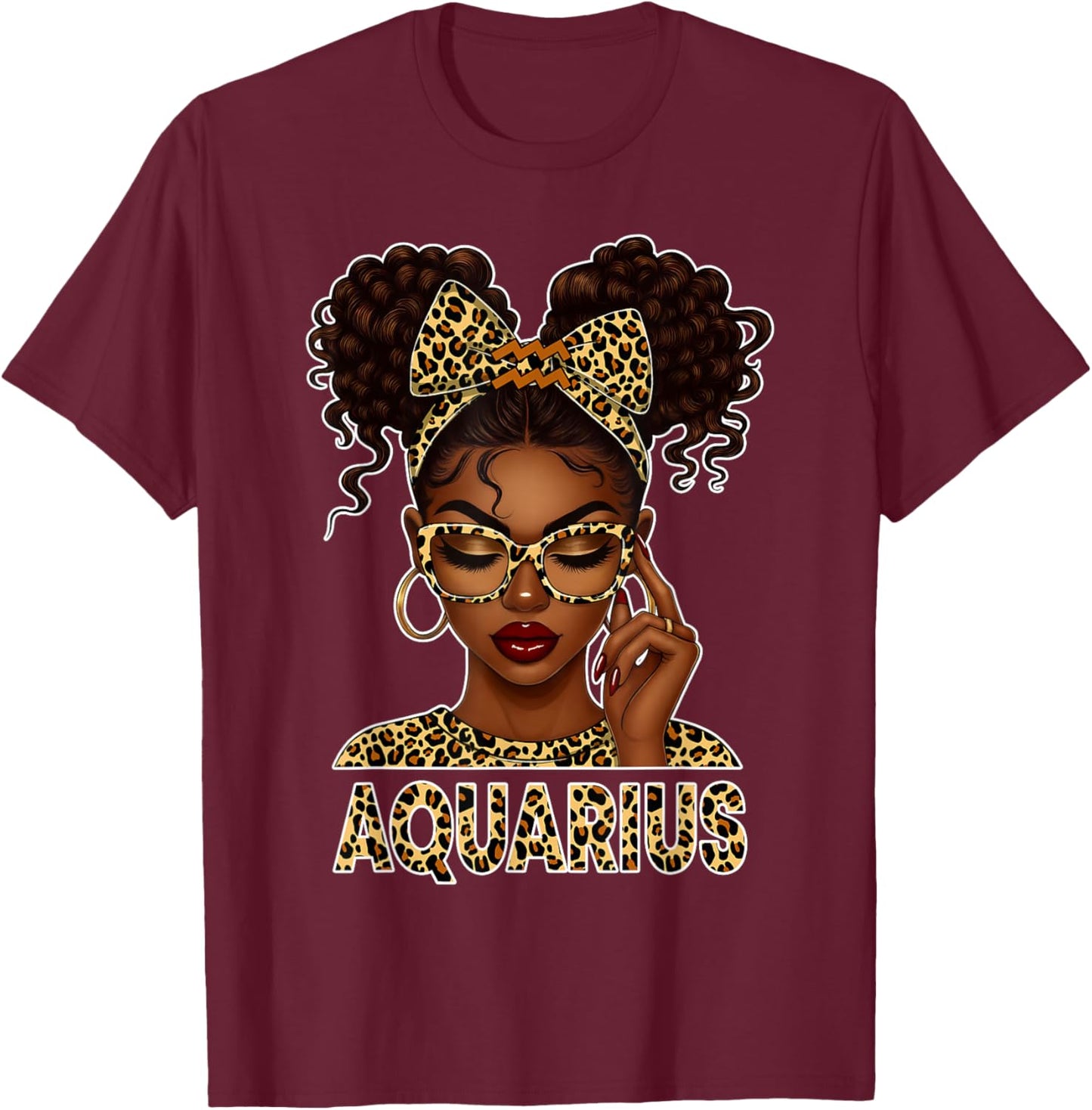 Aquarius Woman Black Girl Leopard Bow Zodiac Birthday T-Shirt - T-Shirt | Maroon