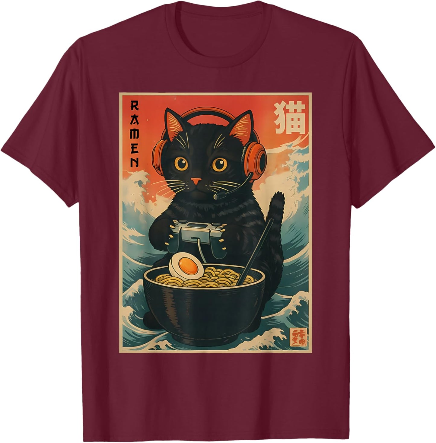 Kawaii Gamer Cat Funny Ramen Retro Japanese Cat Gaming T-Shirt - T-Shirt | Maroon