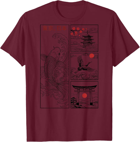 Japanese Koi Fish The Great Wave Off Kanagawa Kanji (Back) T-Shirt - T-Shirt | Maroon
