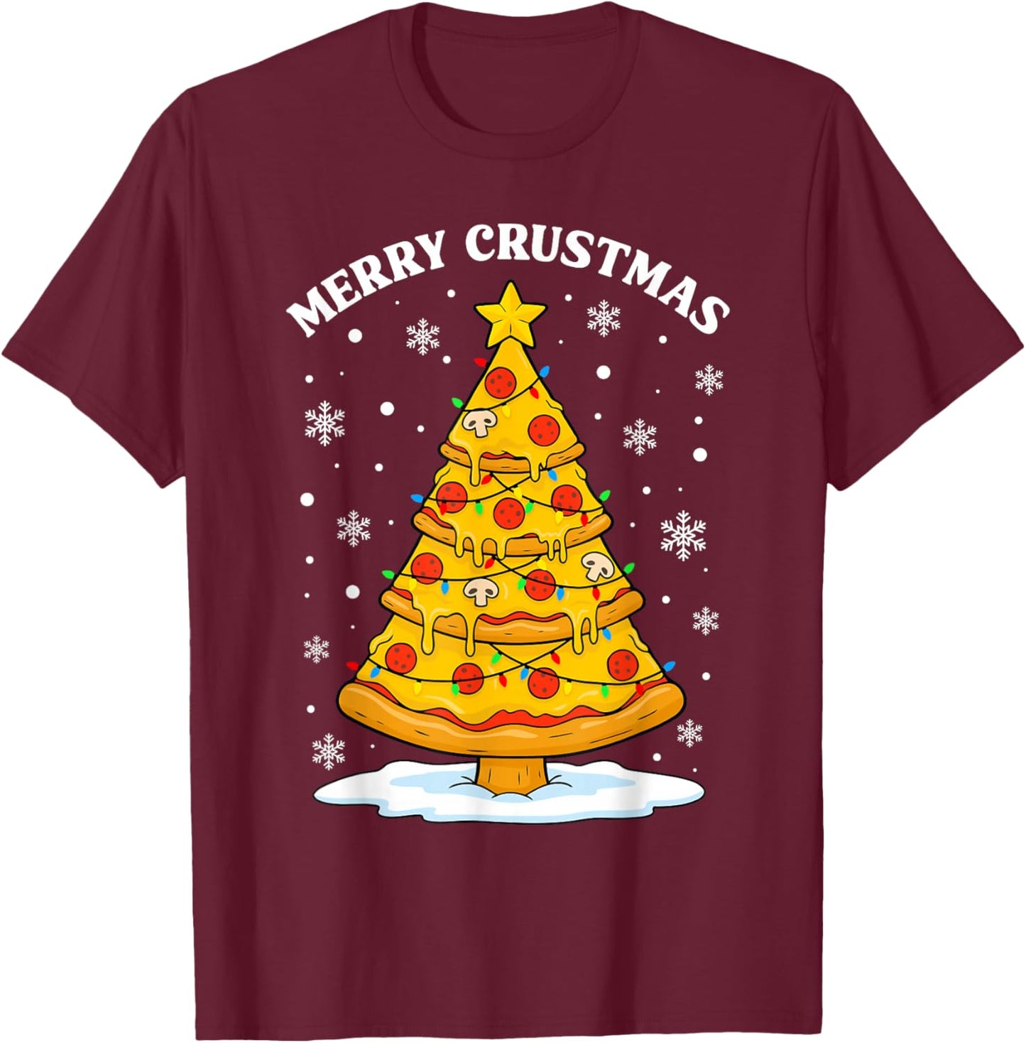 Merry Crustmas Pizza Christmas Tree Lights Food Xmas Holiday T-Shirt - T-Shirt | Maroon