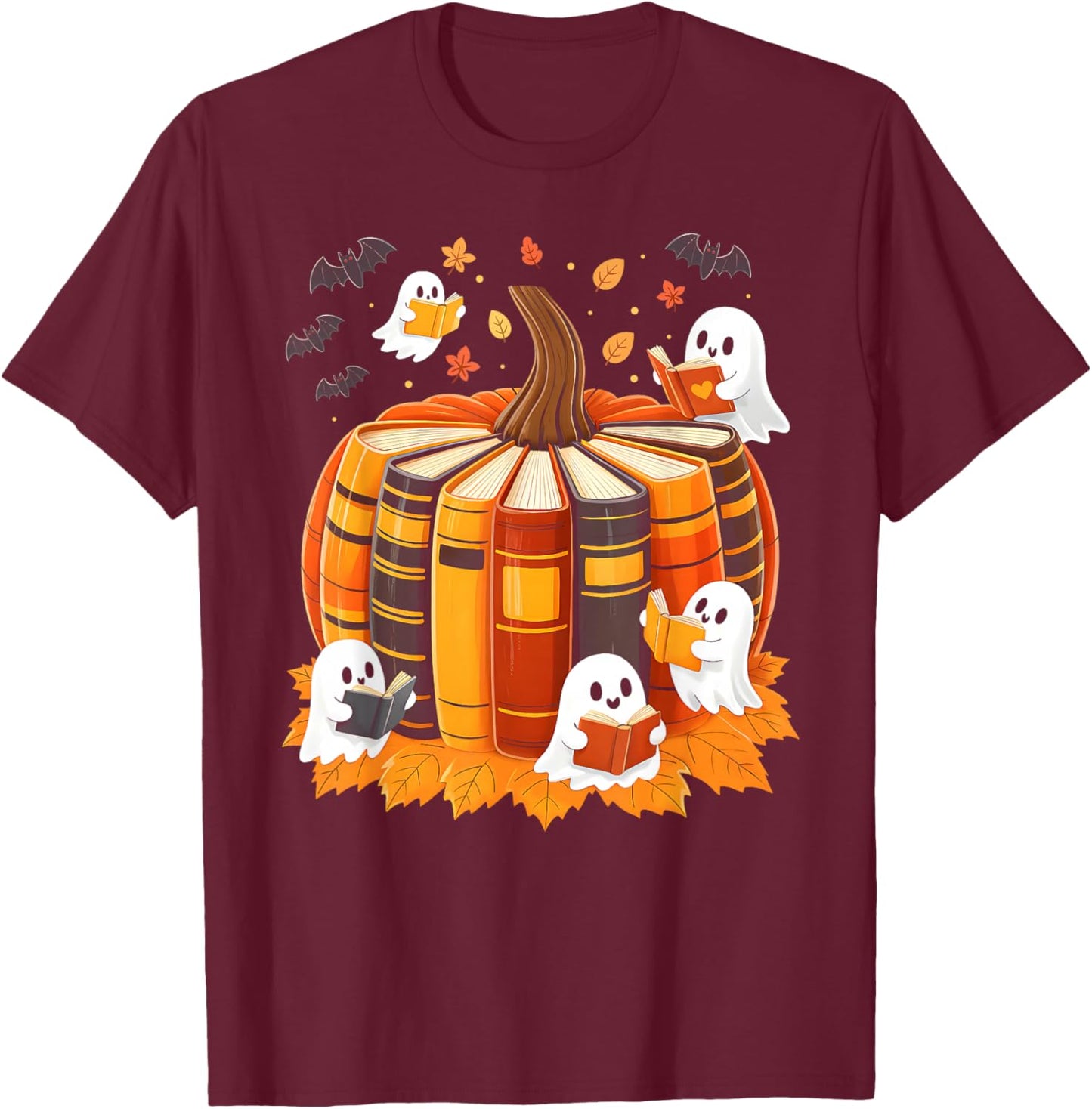 Ghost Reading Book Lovers Fall Pumpkin Autumn Halloween T-Shirt - T-Shirt | Maroon