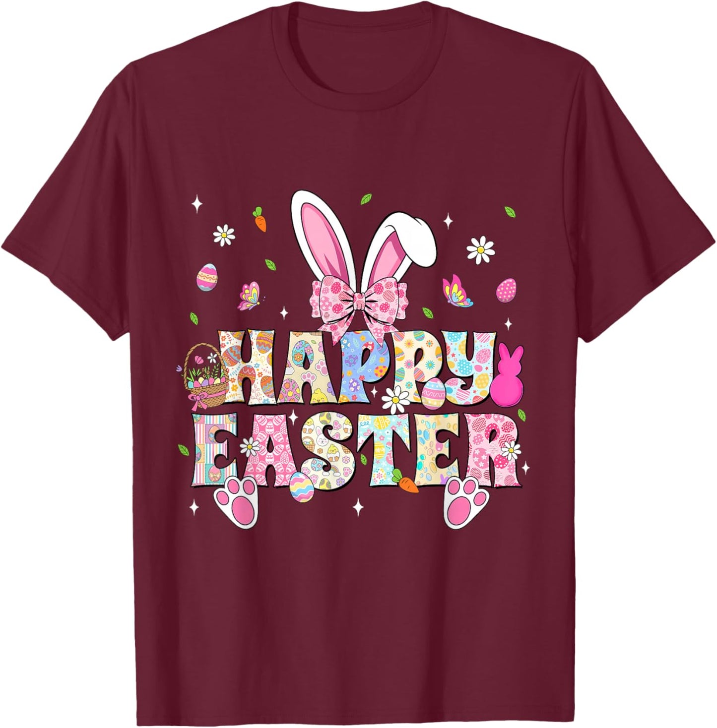 Happy Easter Bunny Rabbit Face Funny Easter Day Women Girls T-Shirt - T-Shirt | Maroon