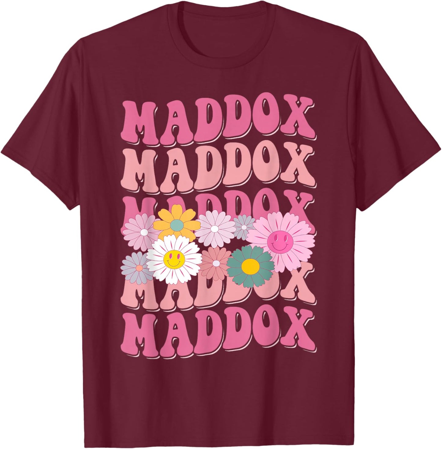 Girl Retro Maddox First Name Personalized Groovy 80's T-Shirt - T-Shirt | Maroon