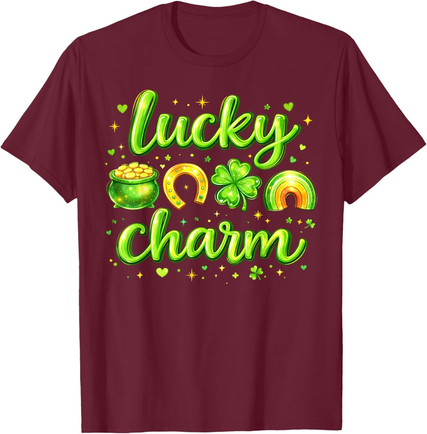 St Patricks Day Lucky Charm Rainbow Clover Gold Pot Hearts T-Shirt - T-Shirt | Maroon