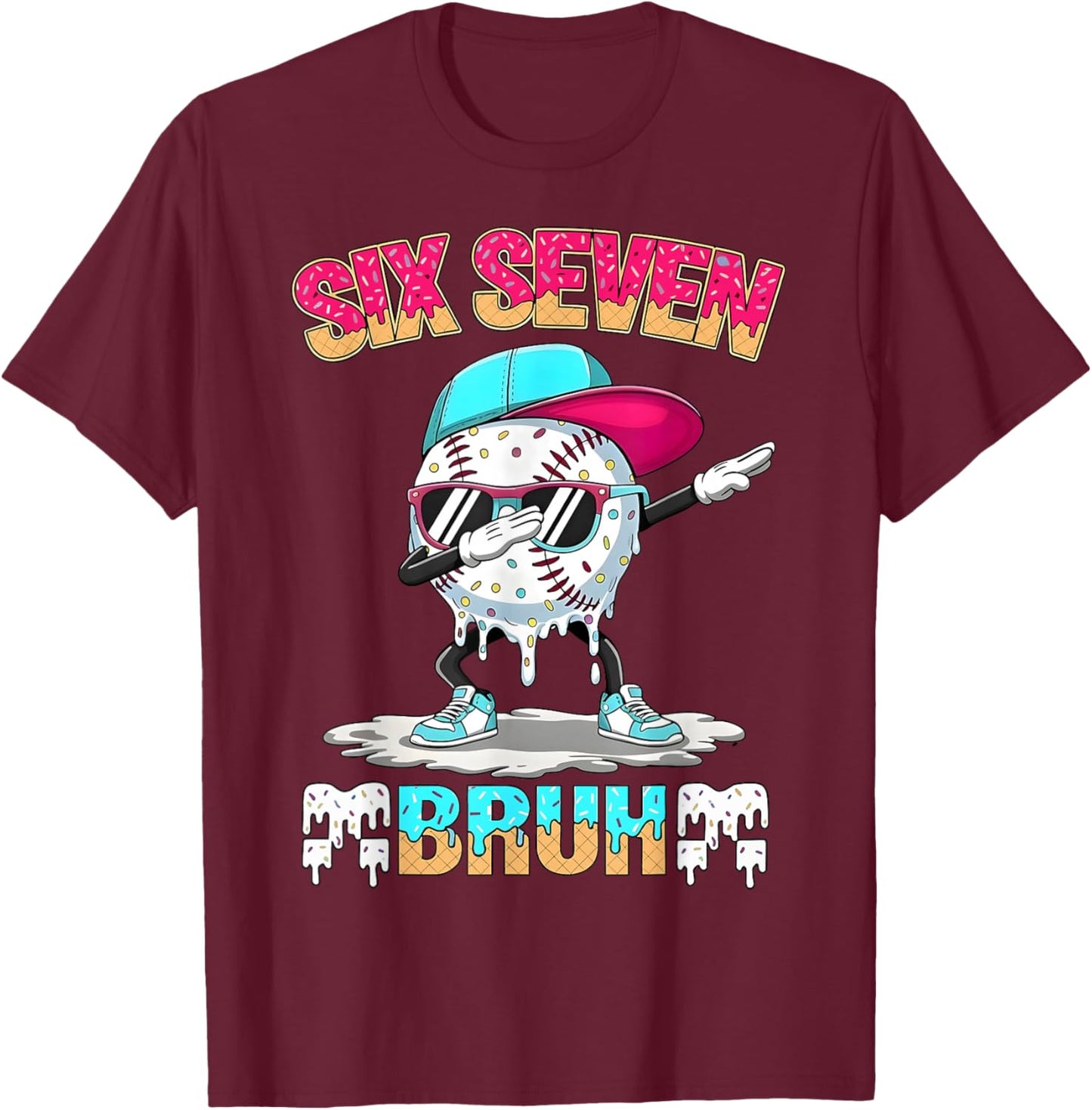 Six Seven 67 Meme Ice Cream Drip Baseball Dabbing Boy Kids T-Shirt - T-Shirt | Maroon