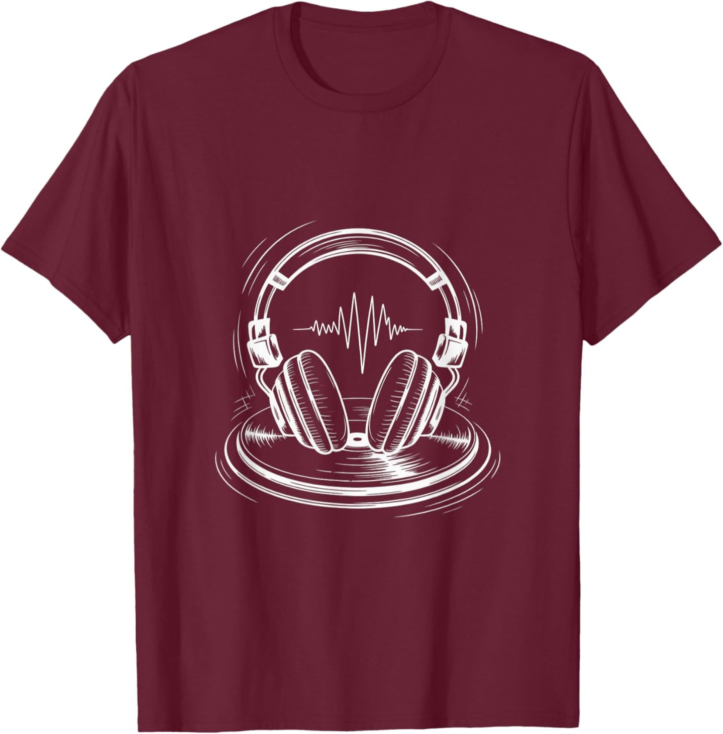 Minimal DJ Headphone Heartbeat Line Art Funny Music Gifts T-Shirt - T-Shirt | Maroon