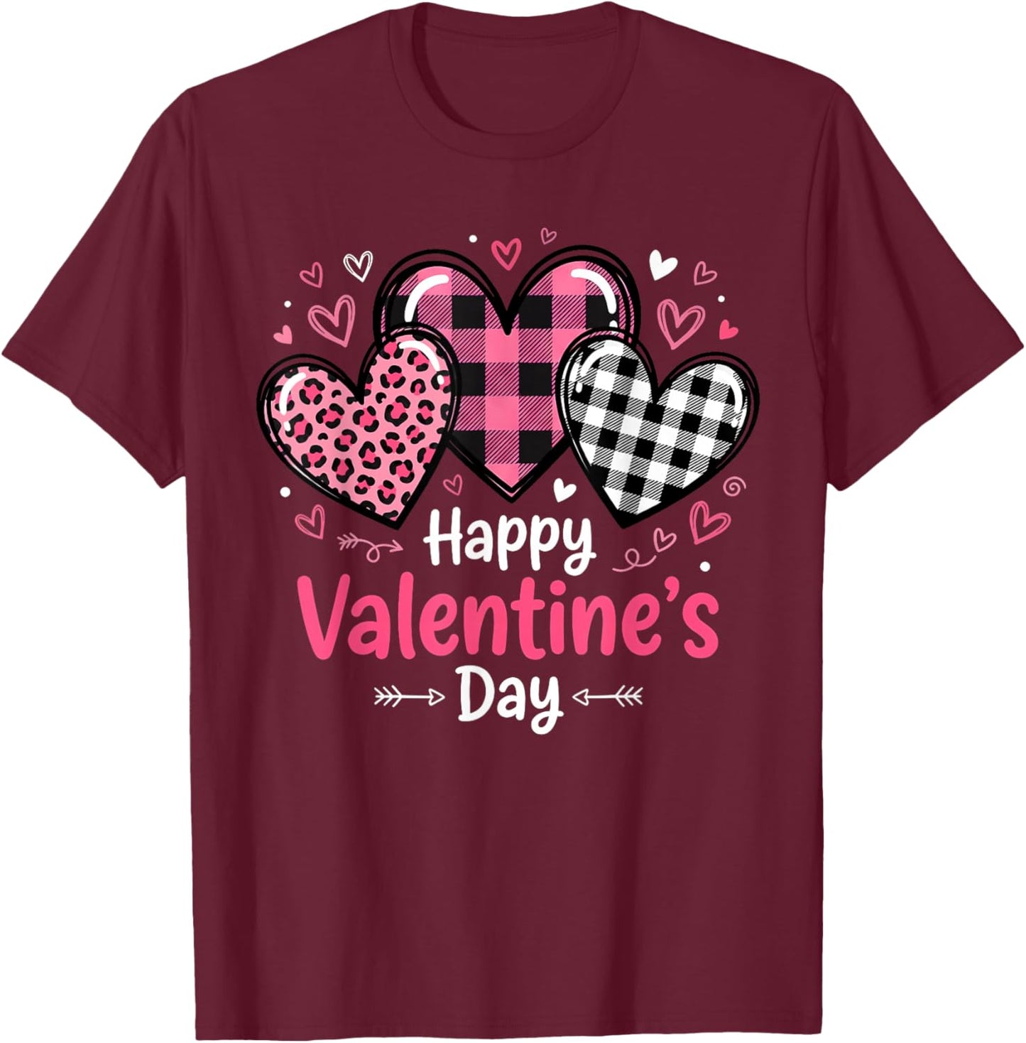 Happy Valentines Day Leopard and Plaid Love Hearts Women T-Shirt - T-Shirt | Maroon