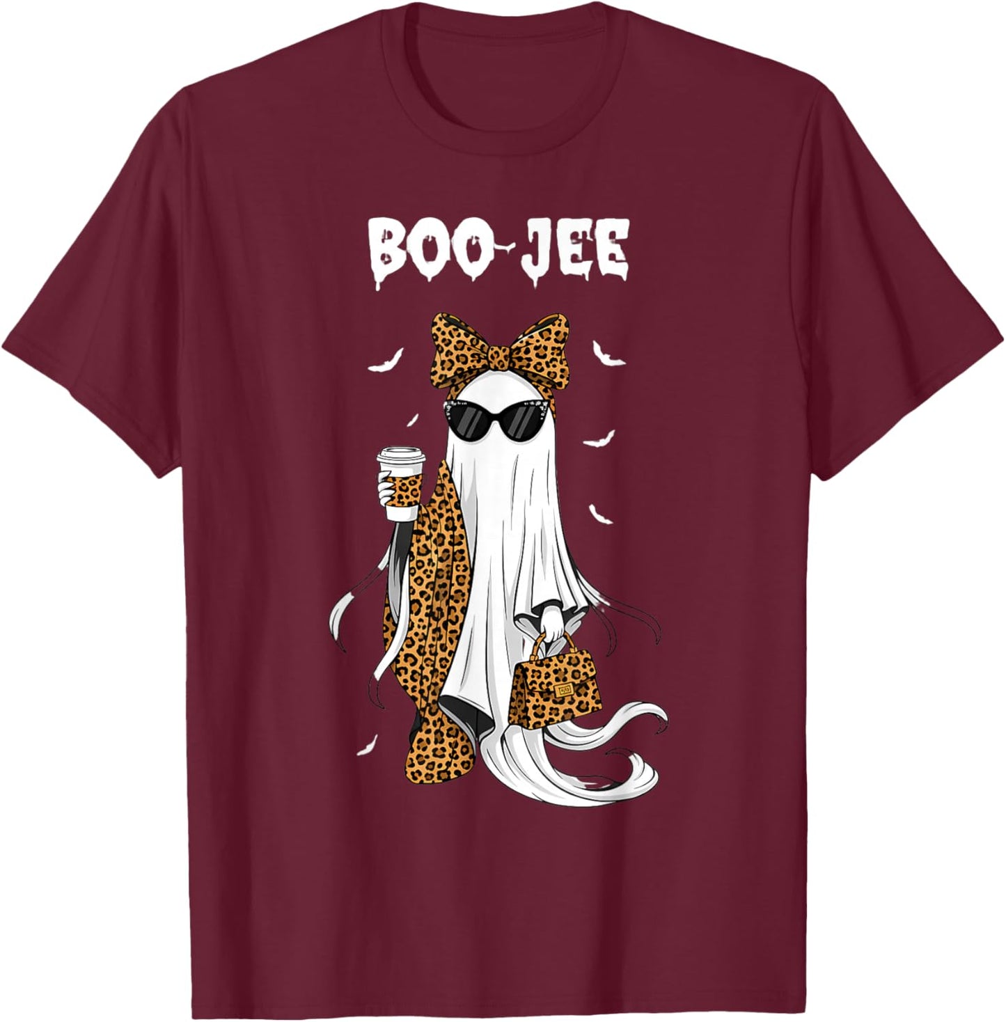 Coquette Leopard Ghost Coffee Boo-JEE Halloween Boujee Ghost T-Shirt - T-Shirt | Maroon