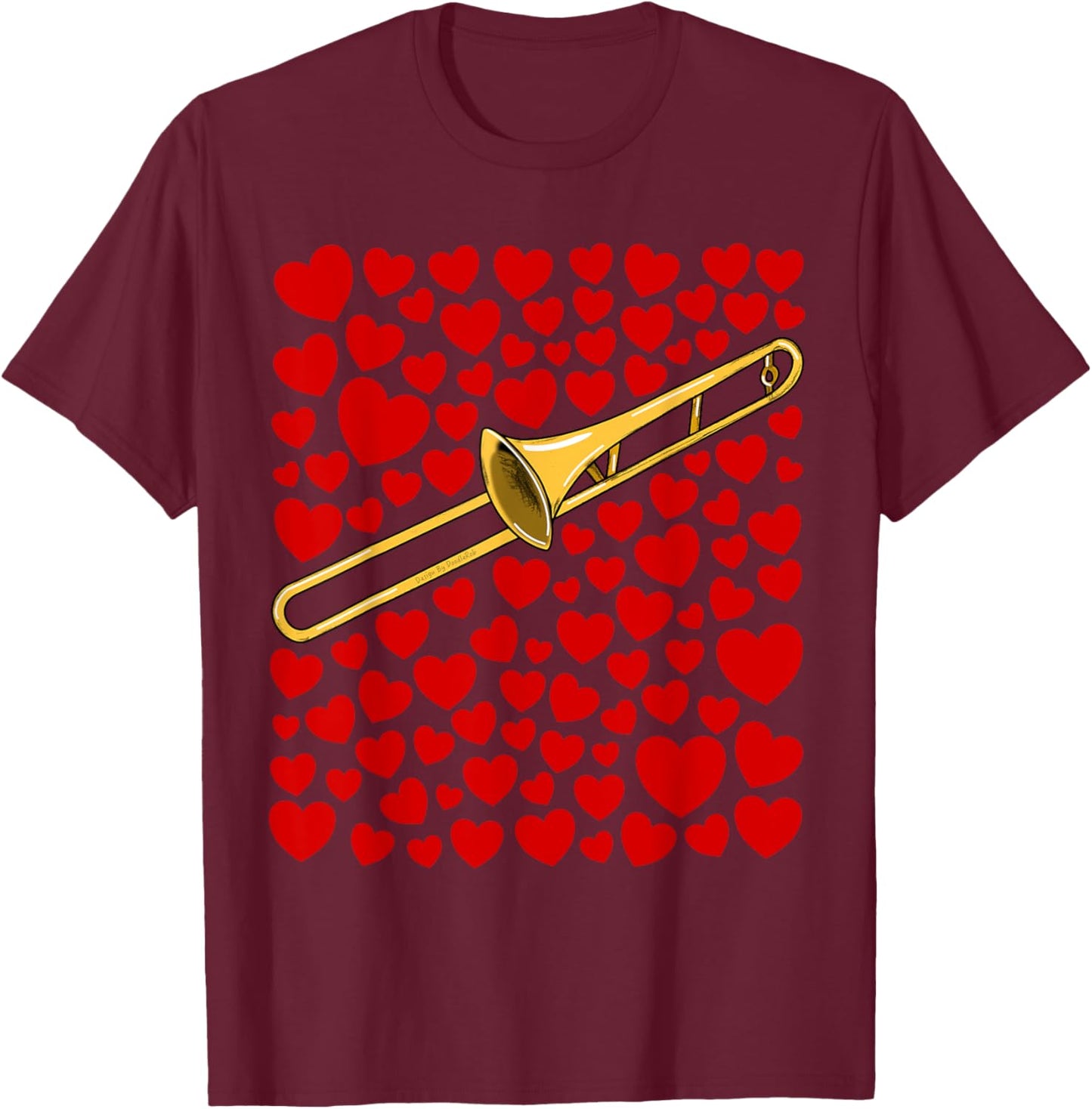 Trombone with Hearts Trombonist Valentines Wedding Musician T-Shirt - T-Shirt | Maroon