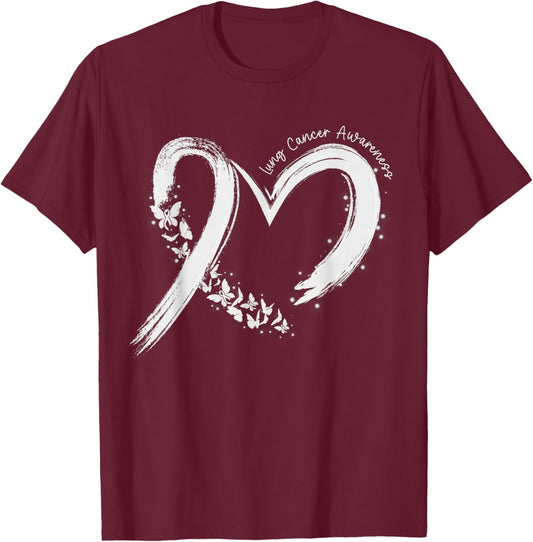Support Lung Cancer Awareness Heart White Ribbon Women Girls T-Shirt - T-Shirt | Maroon