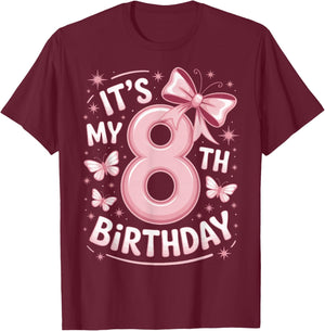 It's My 8th Birthday Pink Bow Girl Party T-Shirt - T-Shirt | Maroon