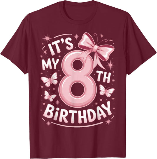 It's My 8th Birthday Pink Bow Girl Party T-Shirt - T-Shirt | Maroon
