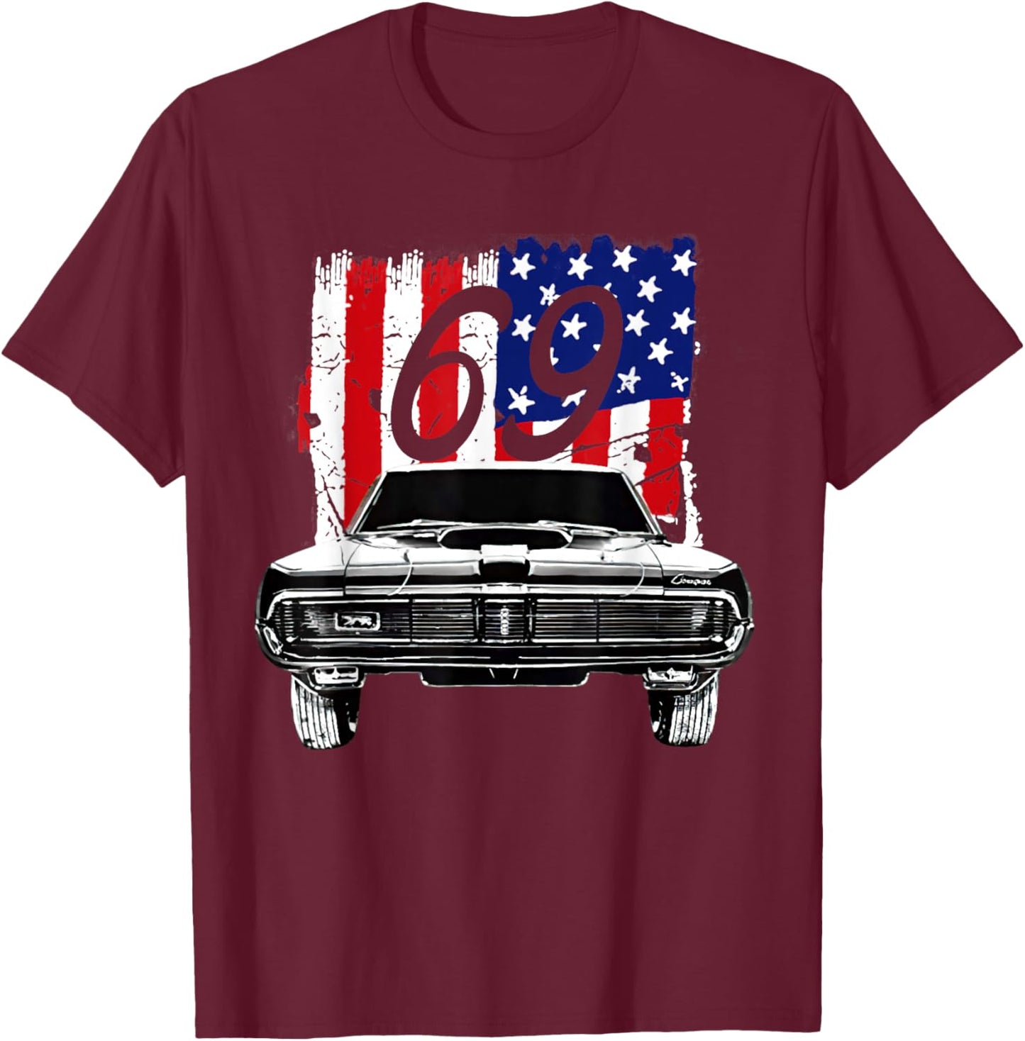 1969 69 Mercury Cougar Red Classic Vintage Old Car USA Flag T-Shirt - T-Shirt | Maroon