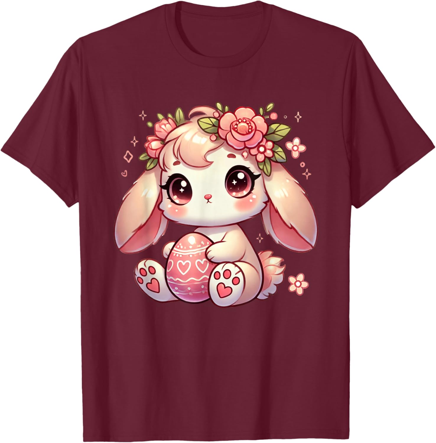 Easter Bunny with Floral Flower Crown Cute Girls Women T-Shirt - T-Shirt | Maroon