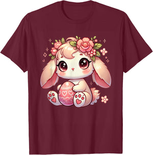 Easter Bunny with Floral Flower Crown Cute Girls Women T-Shirt - T-Shirt | Maroon