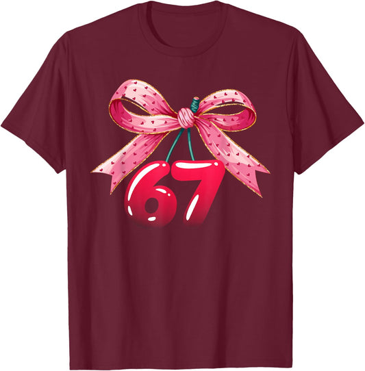 67 Six Seven Meme Funny Coquette Bow Cherry Gen Alpha Slang T-Shirt - T-Shirt | Maroon