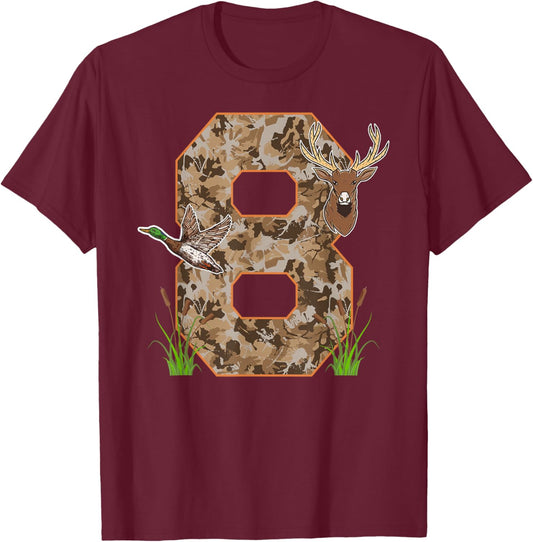 8th Hunting Birthday 8 Year Old Hunter Birthday Party T-Shirt - T-Shirt | Maroon