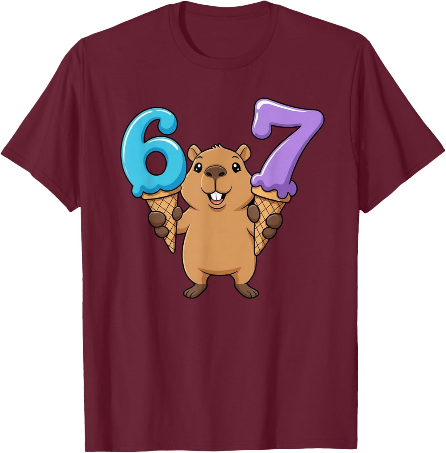 67 Capybara Six Seven Ice Cream Drip Funny T-Shirt - T-Shirt | Maroon