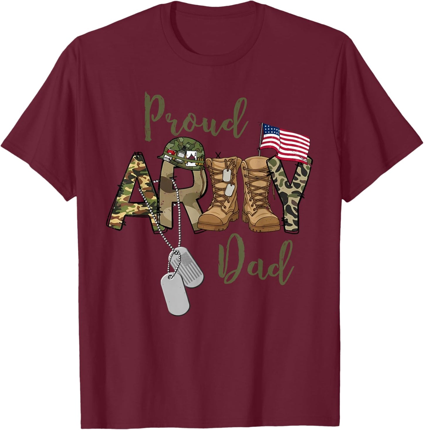 Proud Army Dad US Flag Camo Dog Tags Military Father T-Shirt - T-Shirt | Maroon