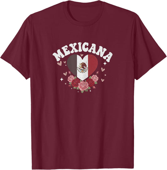 Mexicana Roses Mexico Flag Heart T-Shirt - T-Shirt | Maroon