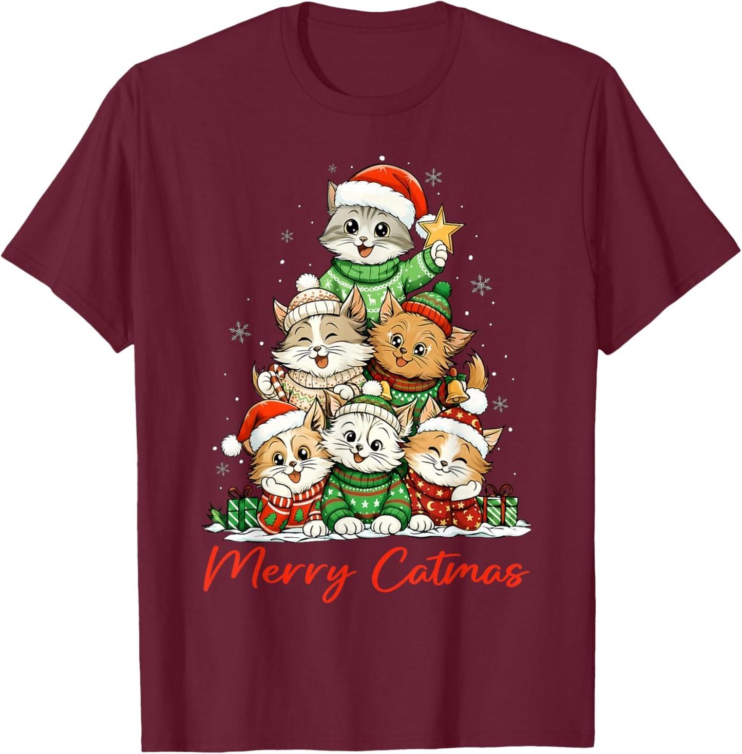 Merry Christmas Funny Christmas Tree Meowy Catmas Women Kids T-Shirt - T-Shirt | Maroon