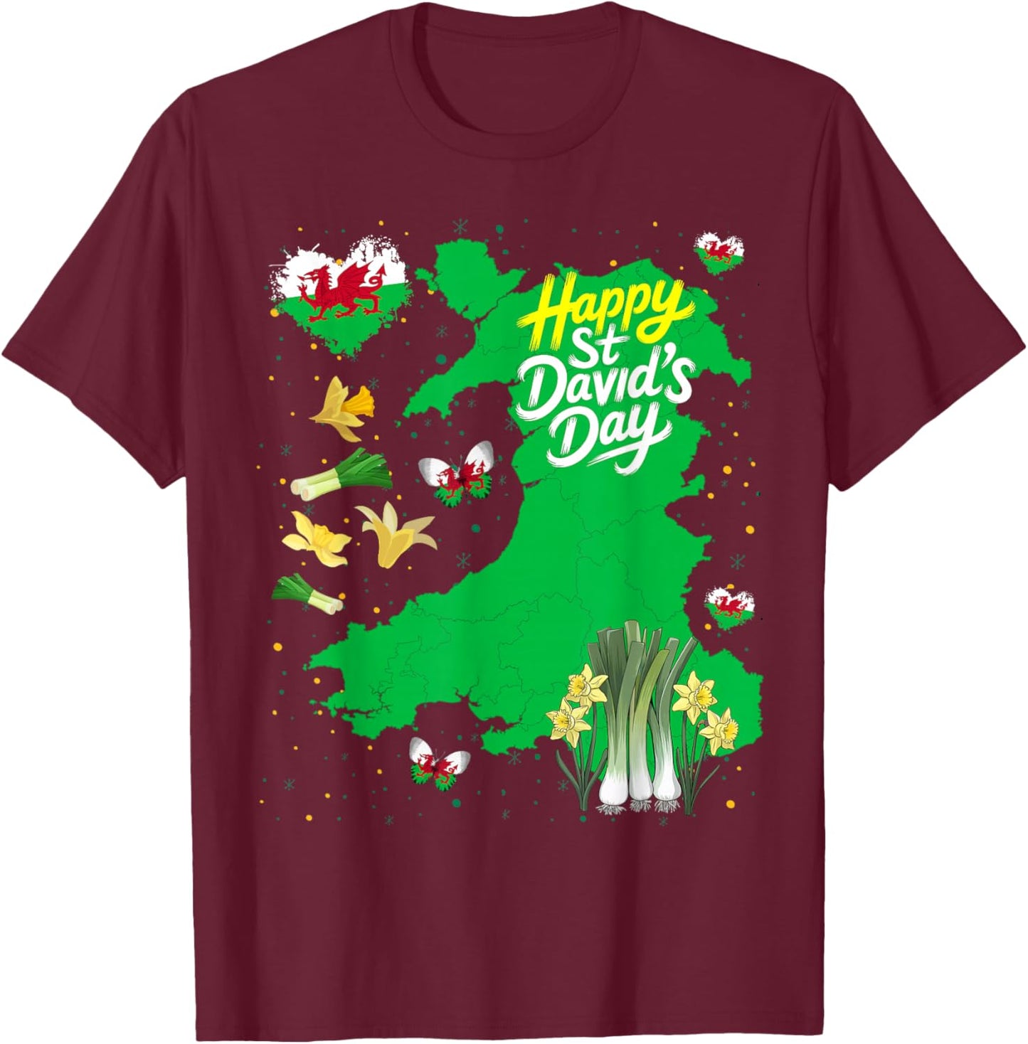 St Davids Day Costume Idea for Kids Welsh Flag & Daffodils T-Shirt - T-Shirt | Maroon