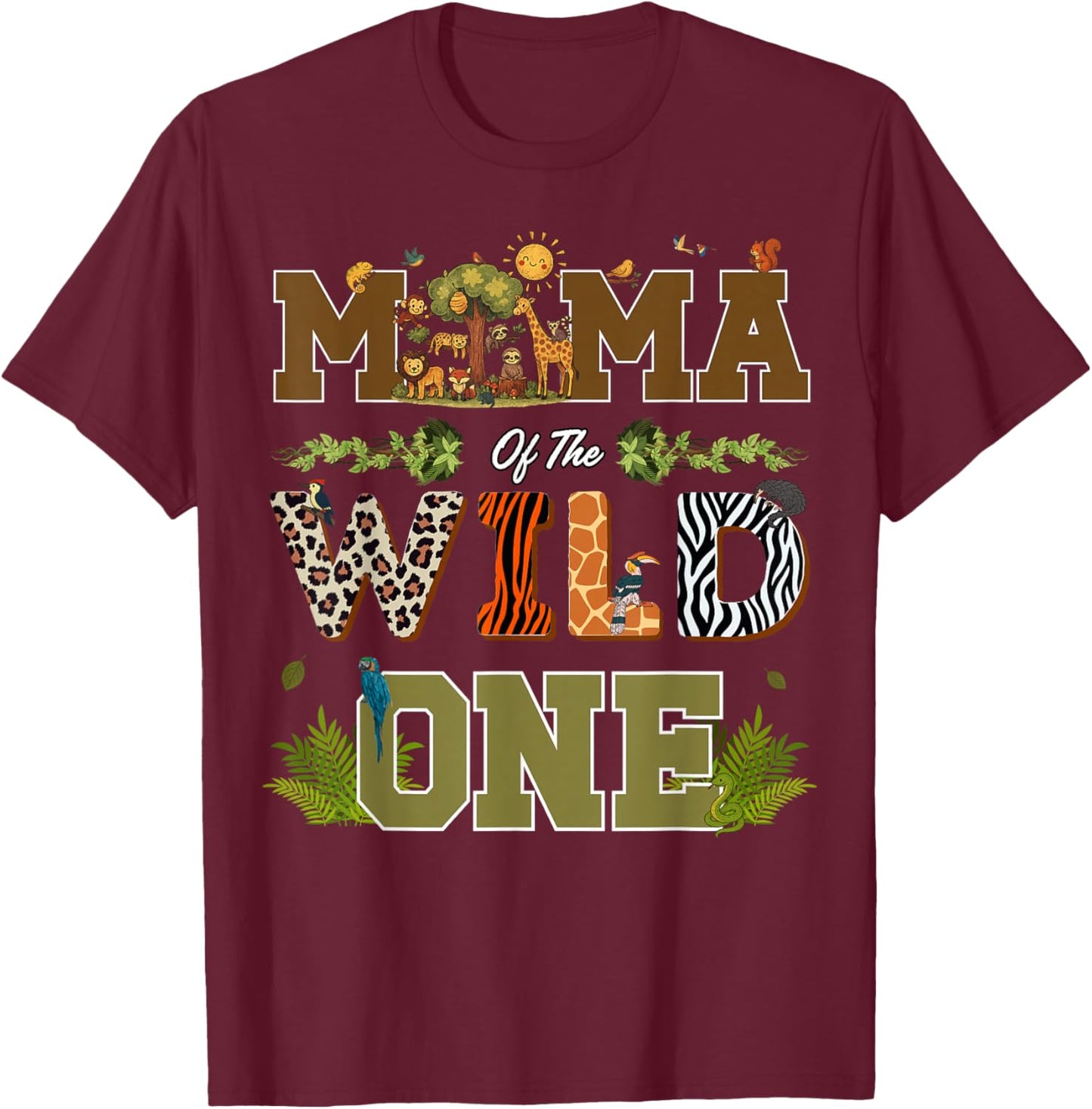 Mama of The Wild One 1st Birthday Safari T-Shirt - T-Shirt | Maroon