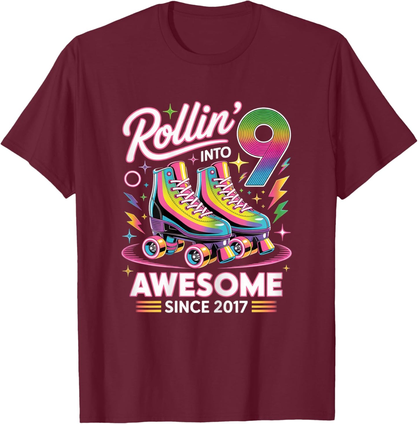 9th Birthday Girl Nine 9 Year Old Roller Skate Skating T-Shirt - T-Shirt | Maroon