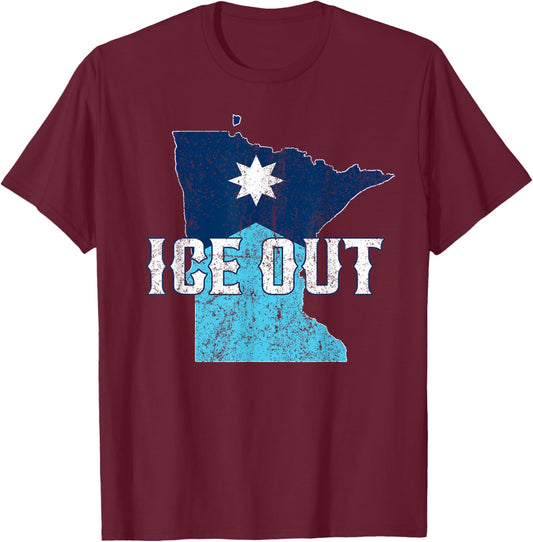 Vintage Ice Out of MN Minnesota Flag and Map Distressed T-Shirt - T-Shirt | Maroon