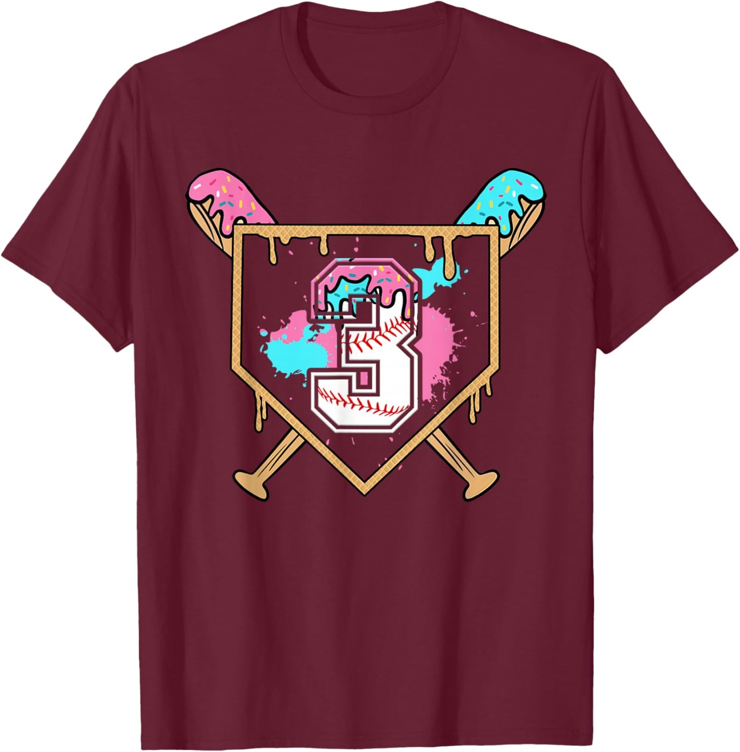 3rd Third Birthday Baseball Bat Ice-Cream Drip 3yrs Old Boys T-Shirt - T-Shirt | Maroon
