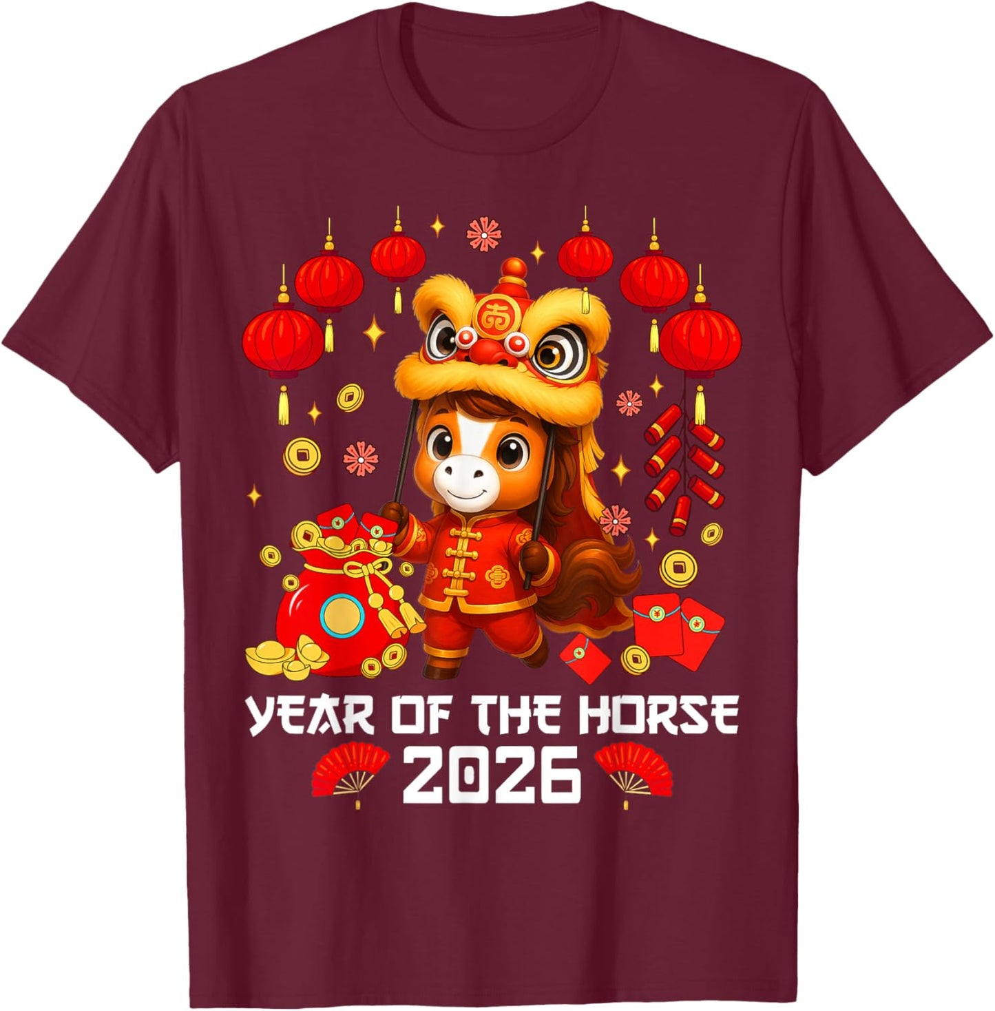 Year of The Horse 2026 Lion Dance Chinese New Year Kid Boy T-Shirt - T-Shirt | Maroon
