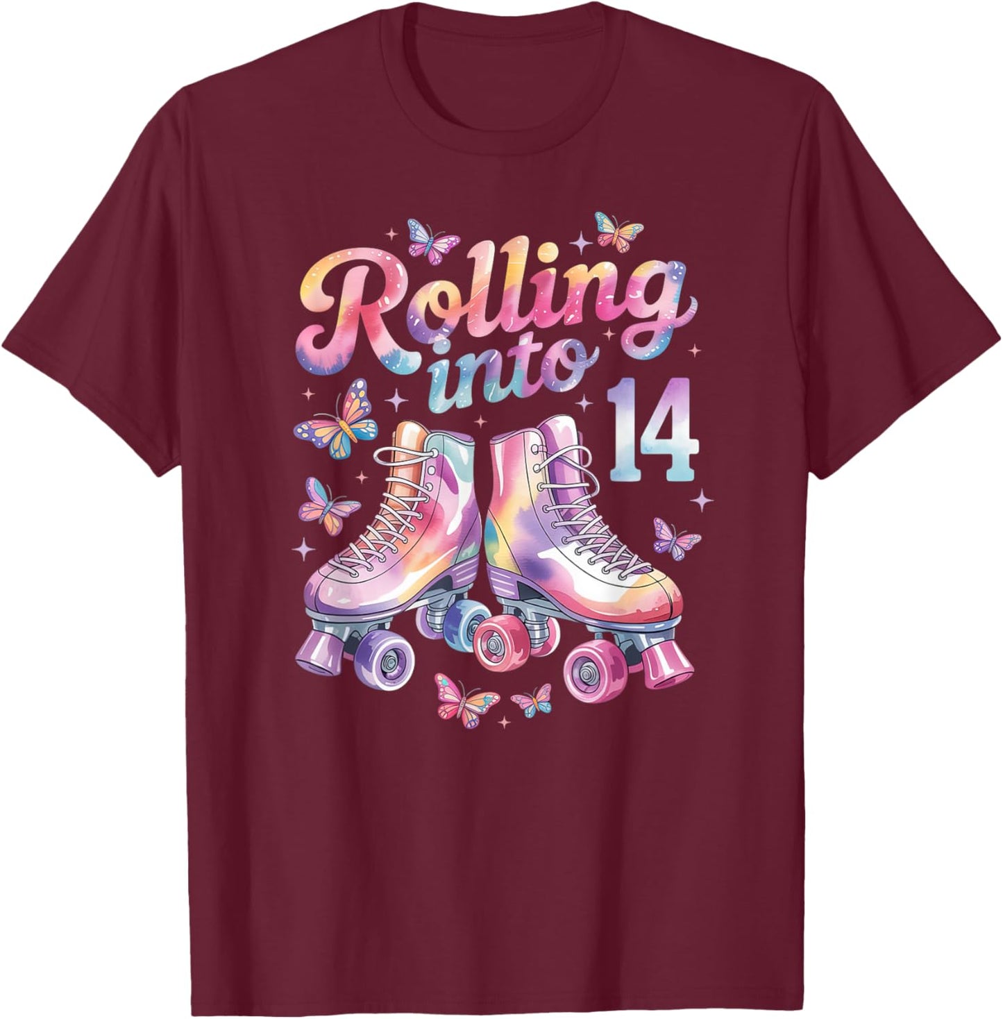 Rolling Into 14 Butterfly Roller Skate Birthday 14 Years Old T-Shirt - T-Shirt | Maroon