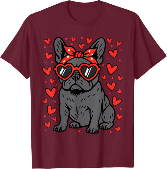 French Bulldog Heart Glasses Funny Valentine Frenchie Dog T-Shirt - T-Shirt | Maroon