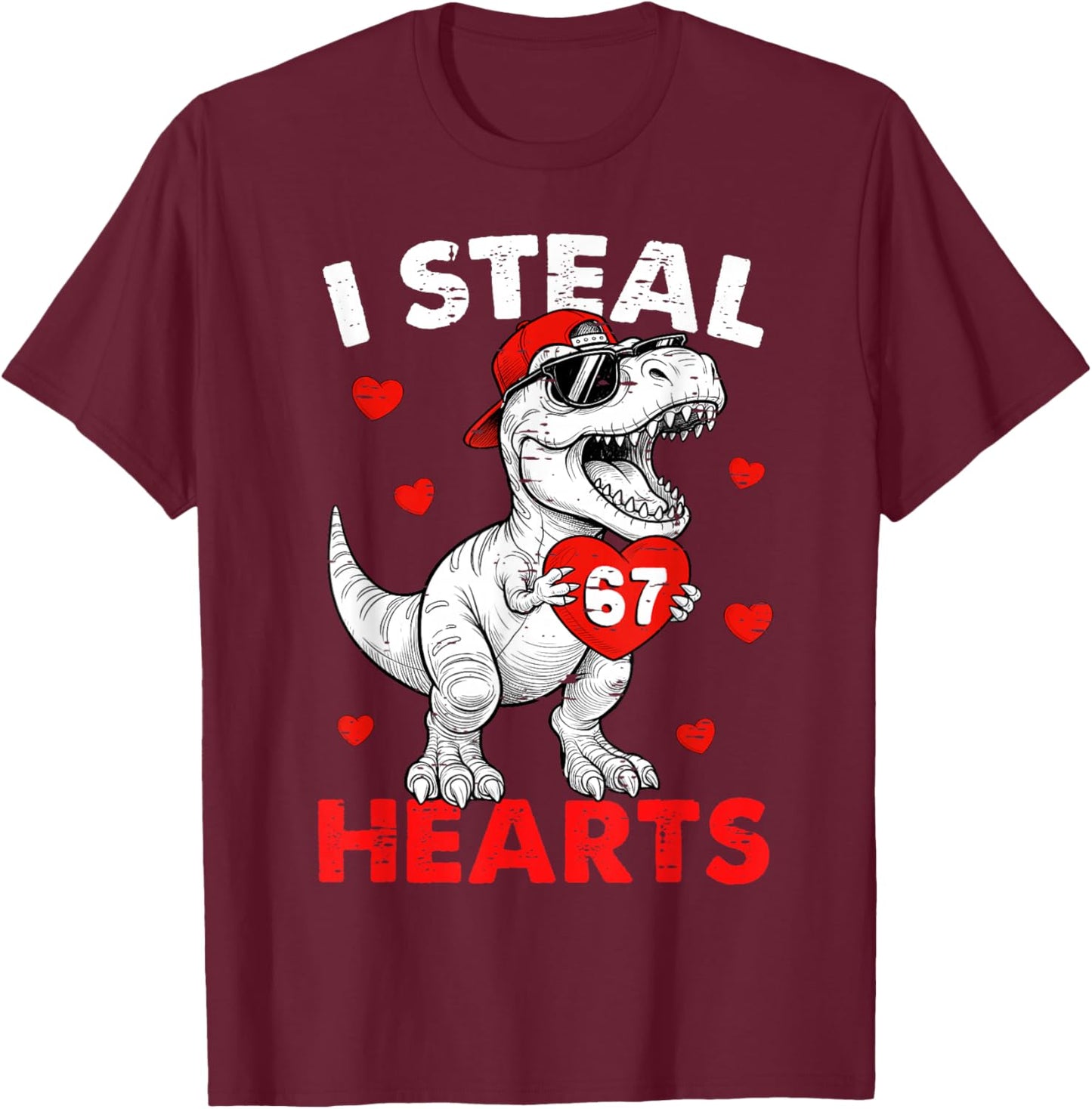 I Steal Hearts Dino 6 7 Meme Valentines Day Shirts Kids Boys T-Shirt - T-Shirt | Maroon