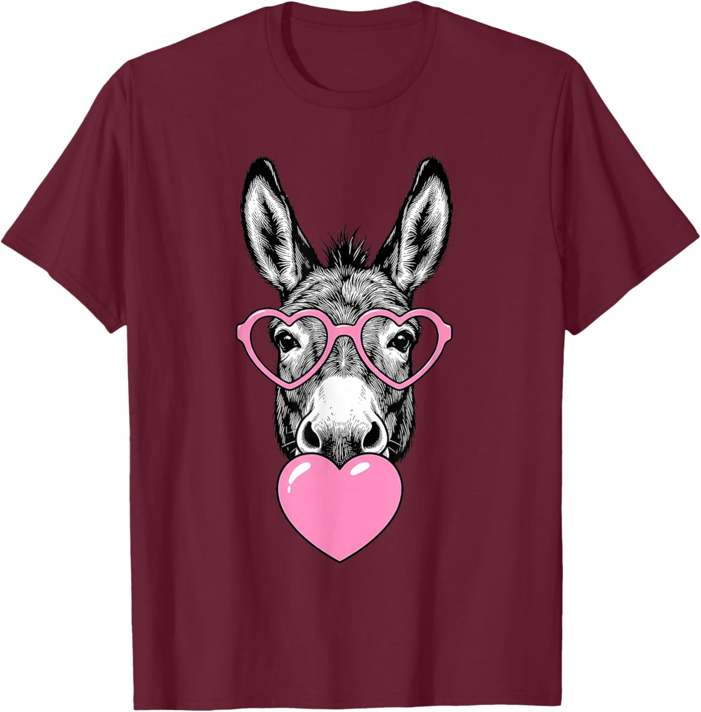 Cute Donkey Blowing Pink Valentine Heart Bubble Gum T-Shirt - T-Shirt | Maroon