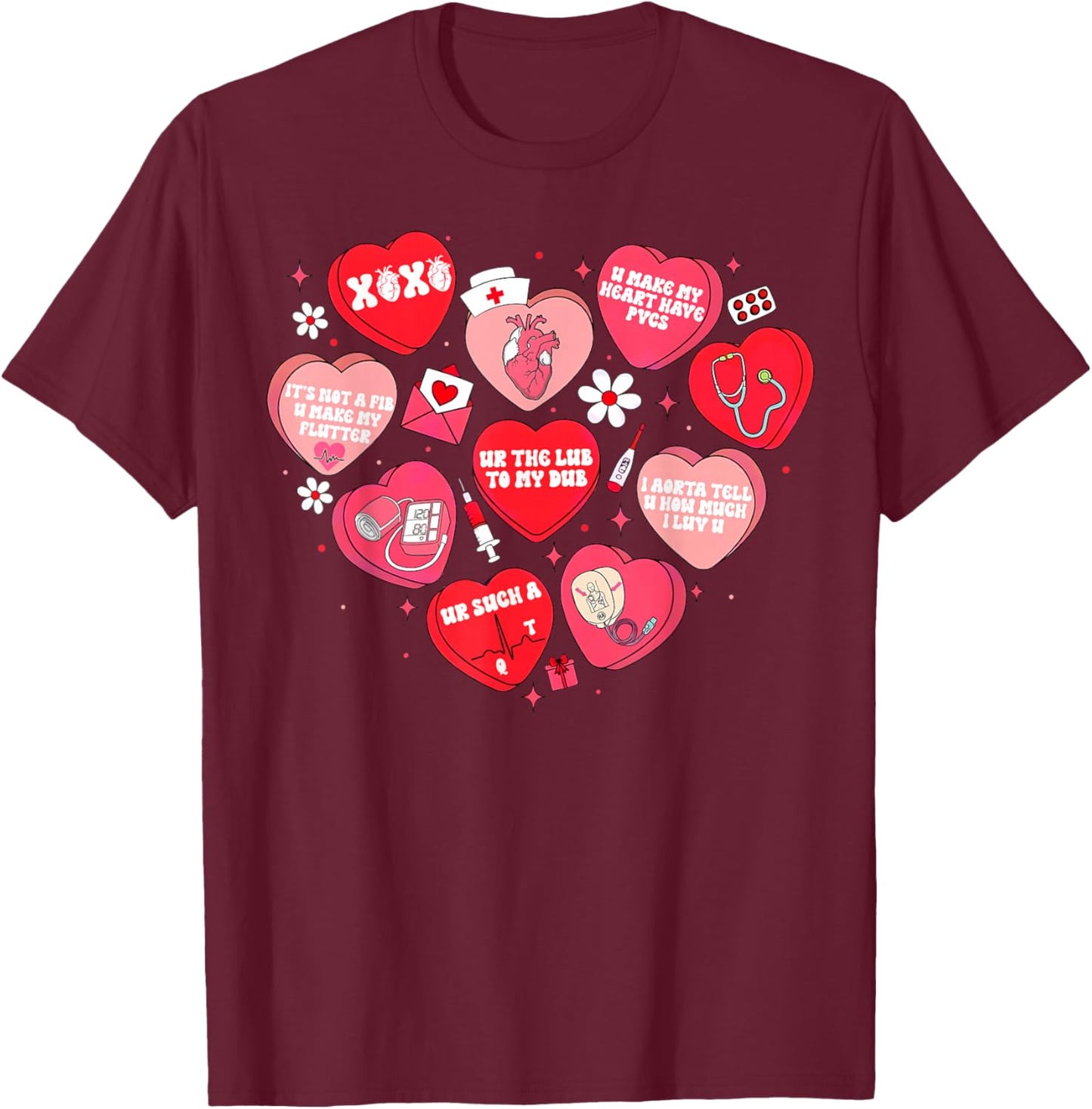 Cardiac Crew Nurse Valentine Nurses Retro Candy Heart T-Shirt - T-Shirt | Maroon