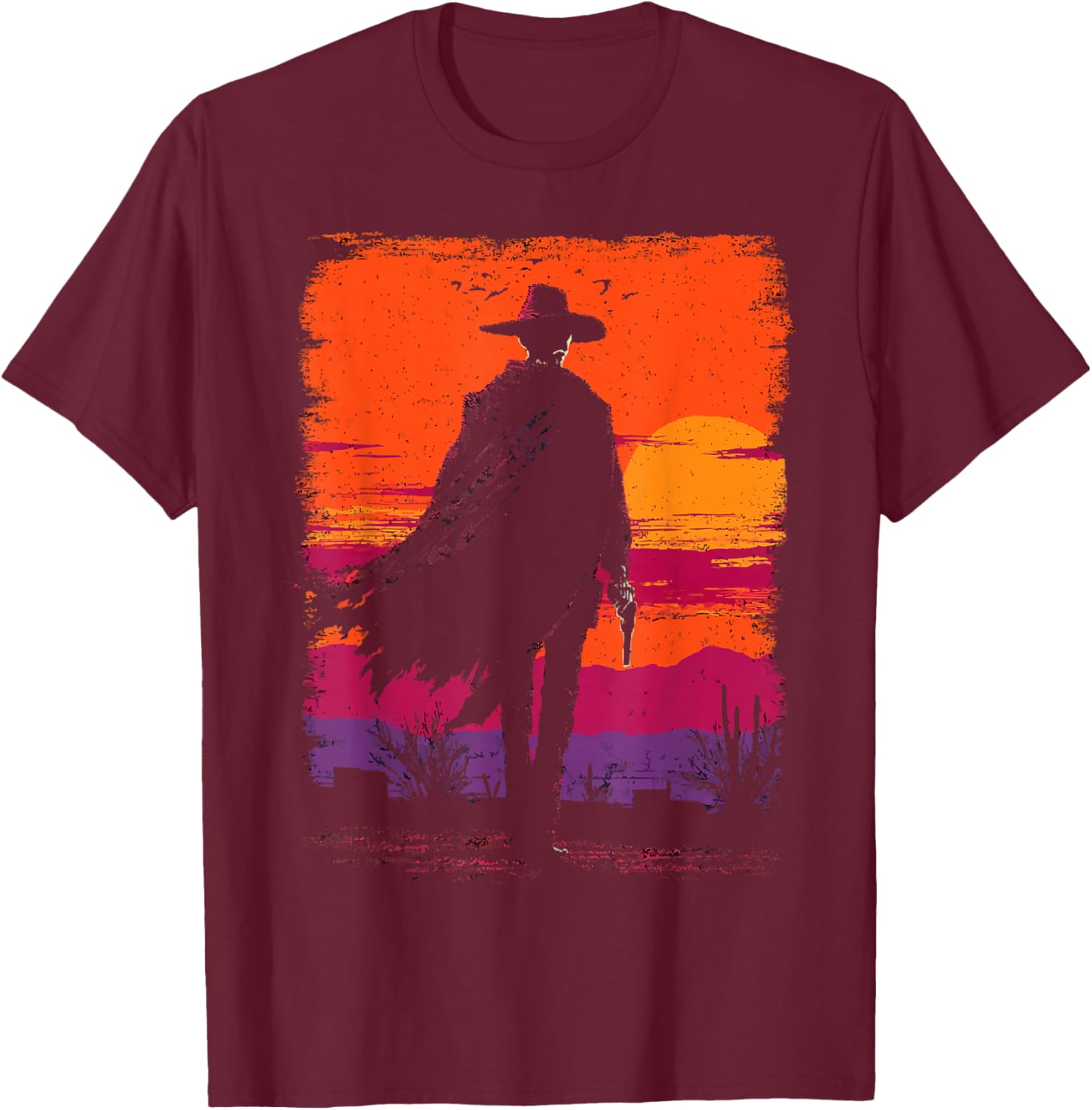 Skeleton Cowboy Gunslinger Desert Sunset Western Gothic T-Shirt - T-Shirt | Maroon