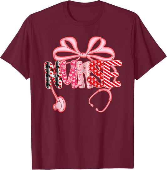 Nurse Valentine's Day Heart Stethoscope Bow NICU RN Nurse T-Shirt - T-Shirt | Maroon