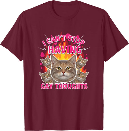 I Can't Stop Having Gay Thoughts Cat Meme - Funny Gay CatArt T-Shirt - T-Shirt | Maroon