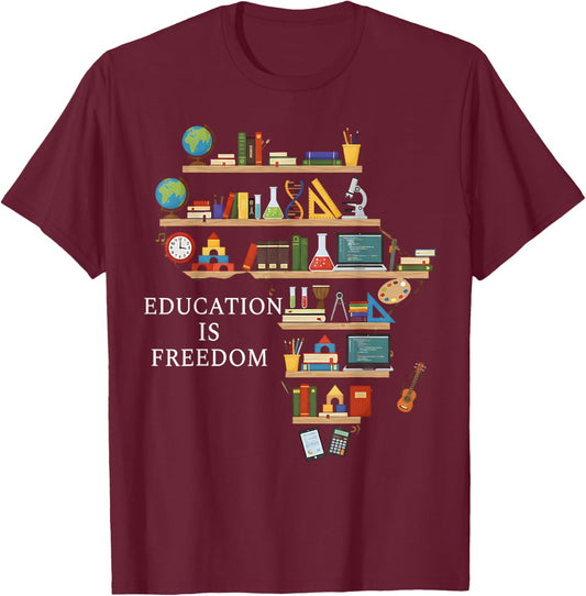 Education is Freedom Black History Month Africa Book Shelf T-Shirt - T-Shirt | Maroon