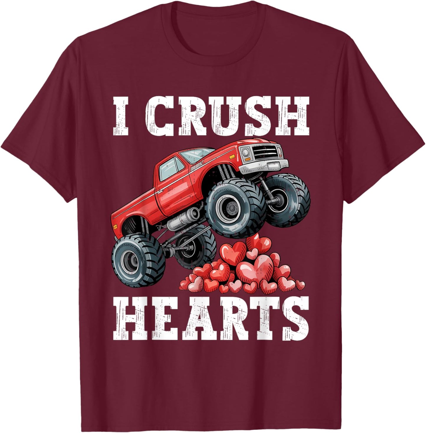 Monster Truck Teens Kids Boys I Crush Heart Valentines Day T-Shirt - T-Shirt | Maroon