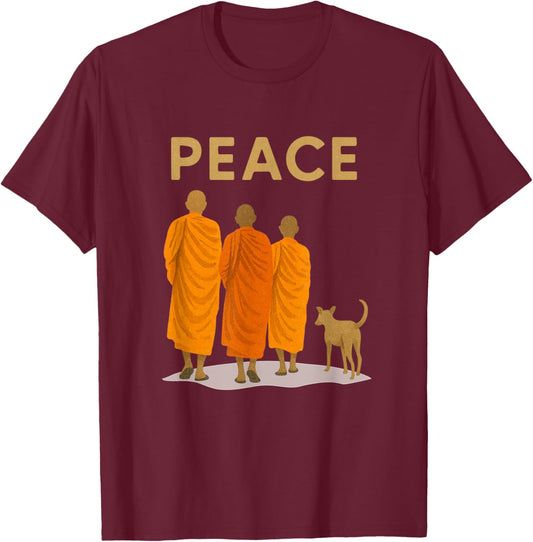 Peace Walking Monk & Dog Zen Art T-Shirt - T-Shirt | Maroon