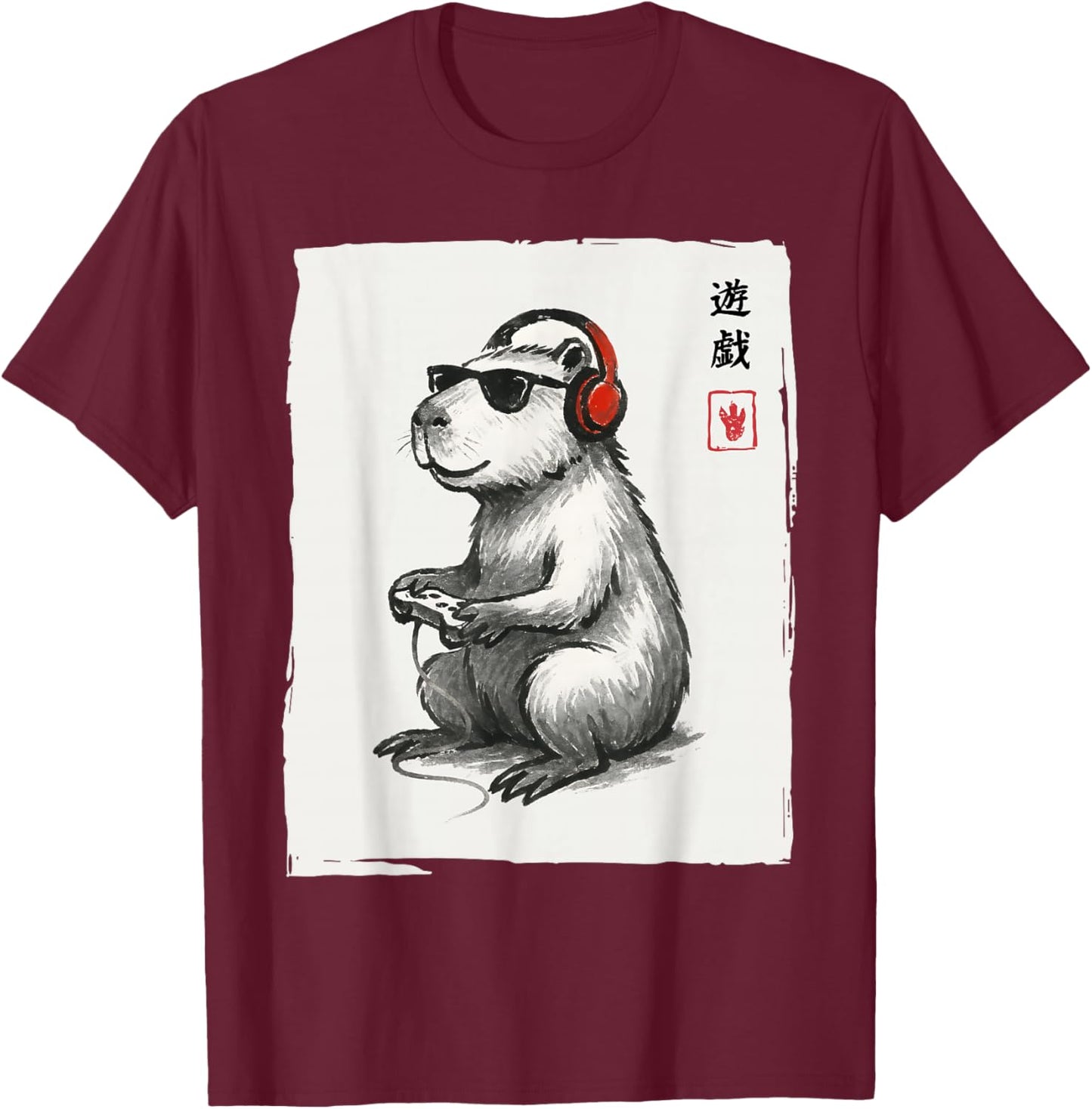 Gamer Japanese Art Men Women Teens Kids Funny Capybara T-Shirt - T-Shirt | Maroon