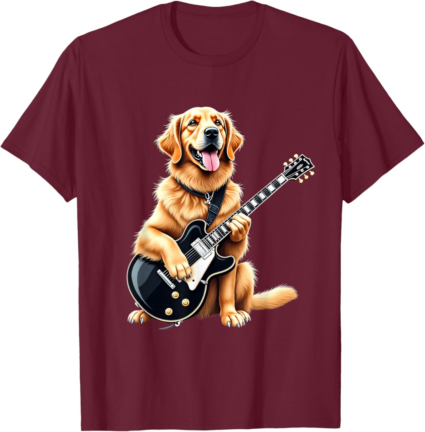 Funny Golden Retriever Playing Electric Guitar Music Lovers T-Shirt - T-Shirt | Maroon