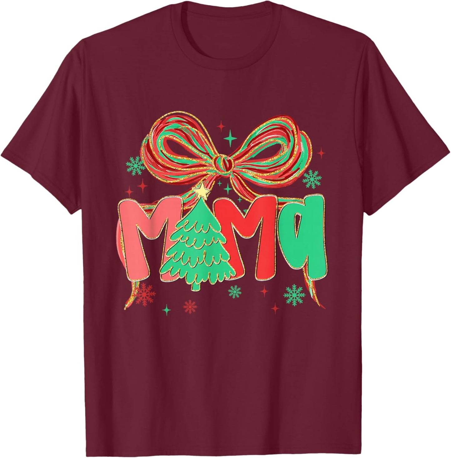 Coquette Bow Mama Christmas Tree Festive Holiday Xmas Mom T-Shirt - T-Shirt | Maroon
