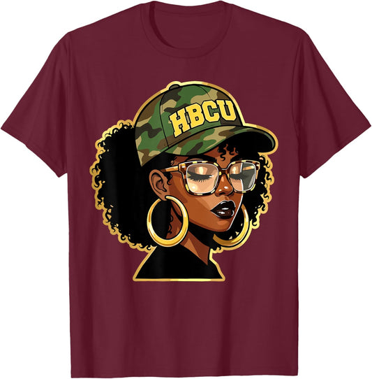 HBCU Pride Afro Girl Camo Black History Month T-Shirt - T-Shirt | Maroon